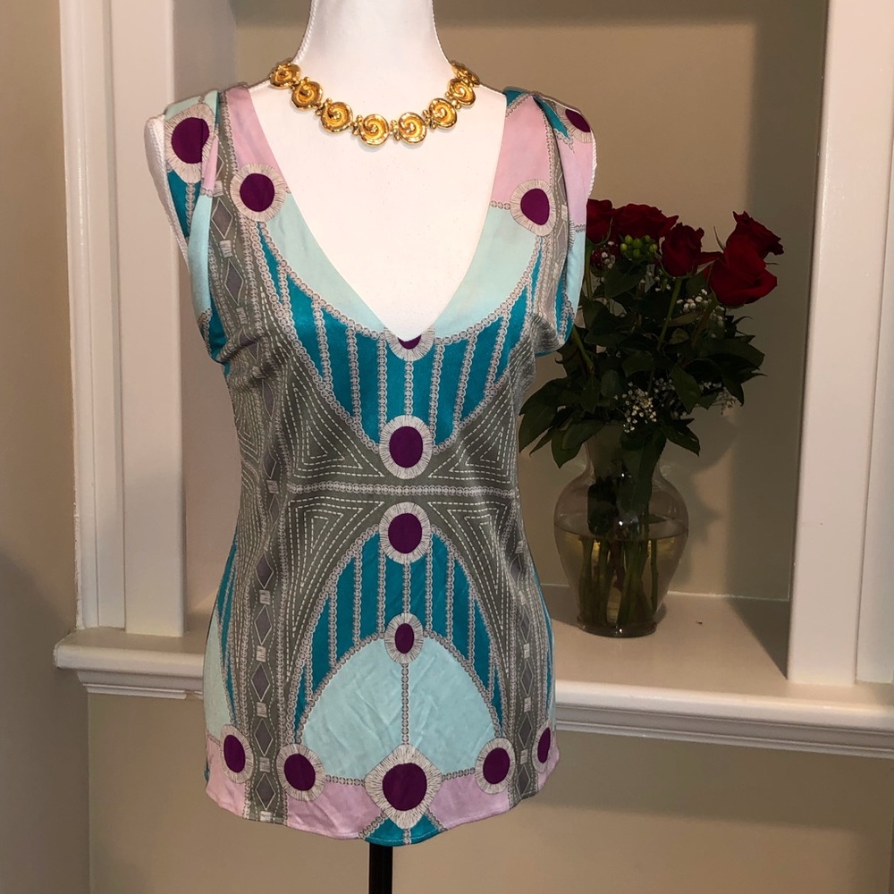 Lovely Mara Hoffman Deep-V Silk “Peacock” Top - Picture 2 of 7